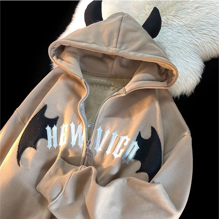 Hooded autumn and winter zippered jacket with cute cow horn three-dimensional