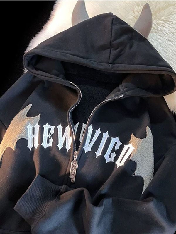 Hooded autumn and winter zippered jacket with cute cow horn three-dimensional