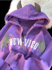 Hooded autumn and winter zippered jacket with cute cow horn three-dimensional