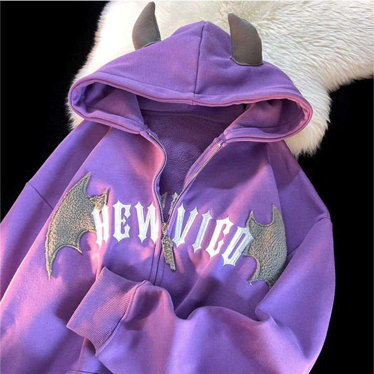 Hooded autumn and winter zippered jacket with cute cow horn three-dimensional