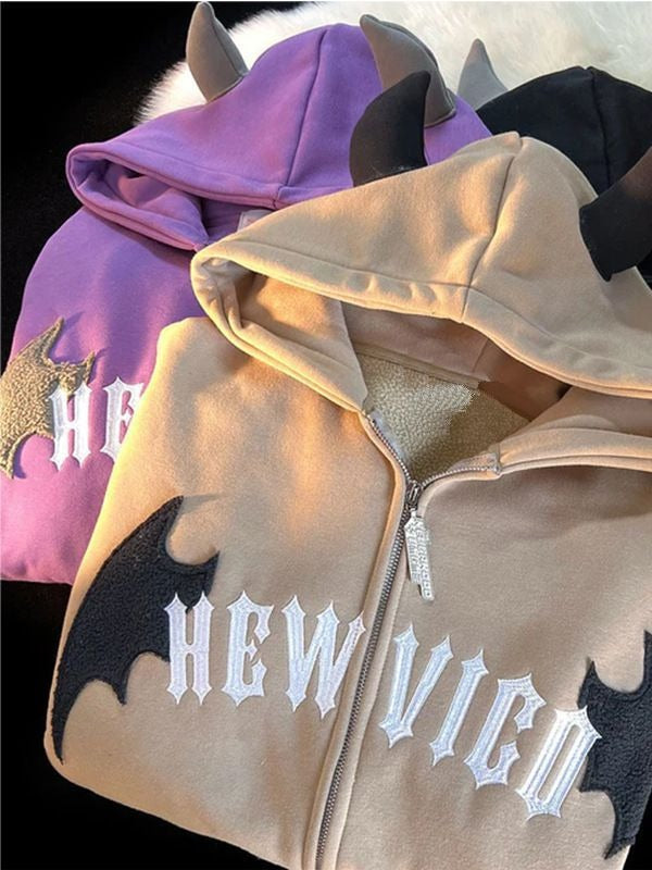 Hooded autumn and winter zippered jacket with cute cow horn three-dimensional