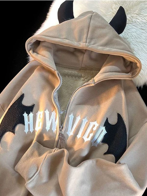 Hooded autumn and winter zippered jacket with cute cow horn three-dimensional