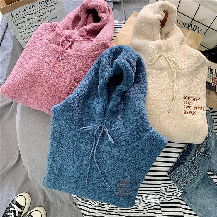 Loose Pocket Hoodies Womens Fleece Flannel Pullover Female Sweatshirt
