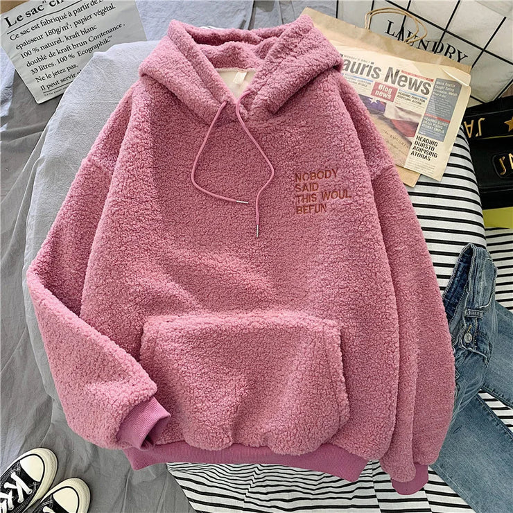 Loose Pocket Hoodies Womens Fleece Flannel Pullover Female Sweatshirt